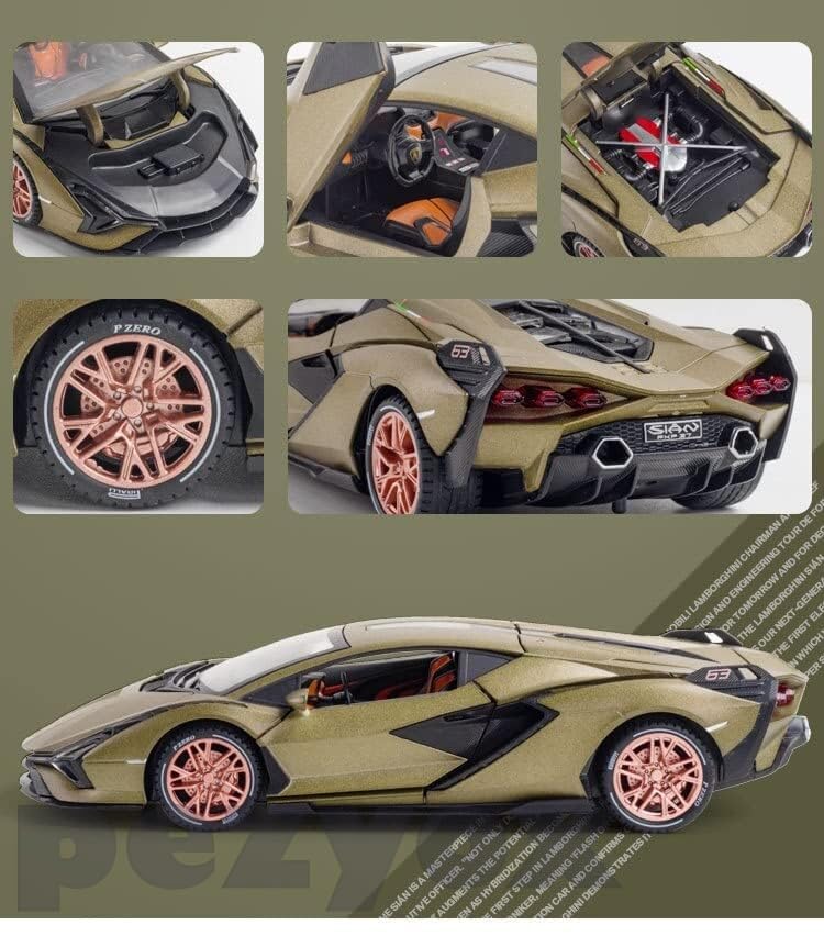 Image of 1 /24 Big Lamborghini SIAN Toy Car Metal Pull Back Diecast Car with Openable Door and Sound Light, Gifts Toys for Kids (Army Green)