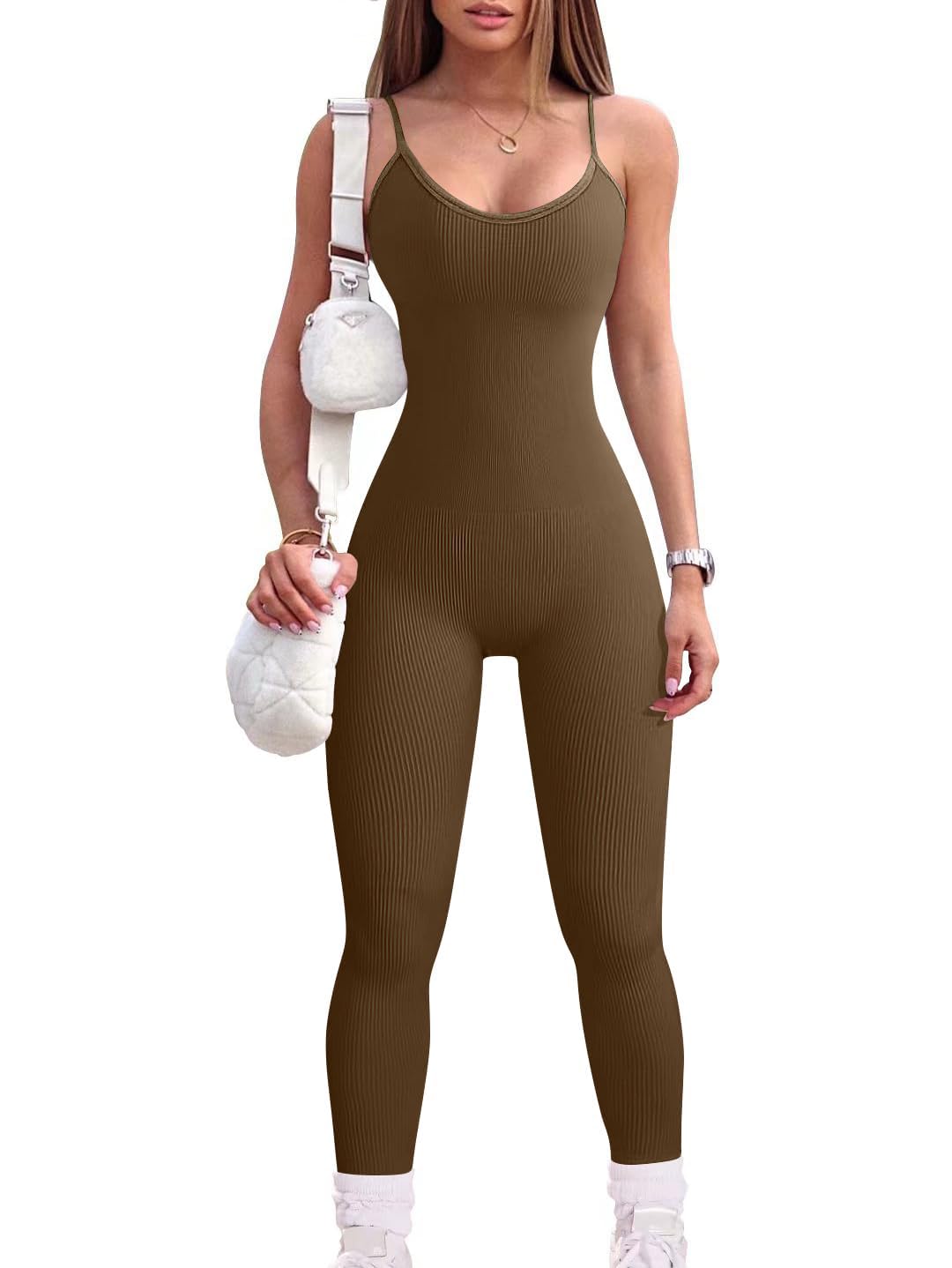 yioioio Women Workout Seamless Jumpsuit Yoga Ribbed Bodycon One Piece Spaghetti Strap Leggings Romper-picture-20