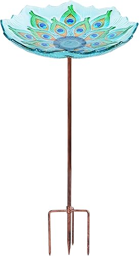 MUMTOP - Bañera de cristal para pájaros, para jardín y exteriores, bañera o comedero de aves, con estaca de metal, estilo pavo real