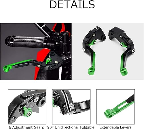 Miniatura 5 de Juego de palancas de freno y embrague plegable extensible CNC para ZX-6R ZX6R 2007-2016 Verde+Negro