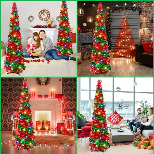 Pinkswan 5Ft Christmas Tinsel Tree Pencil Tree Red Green, Pop Up Tree With 50Led Lights thumb #4