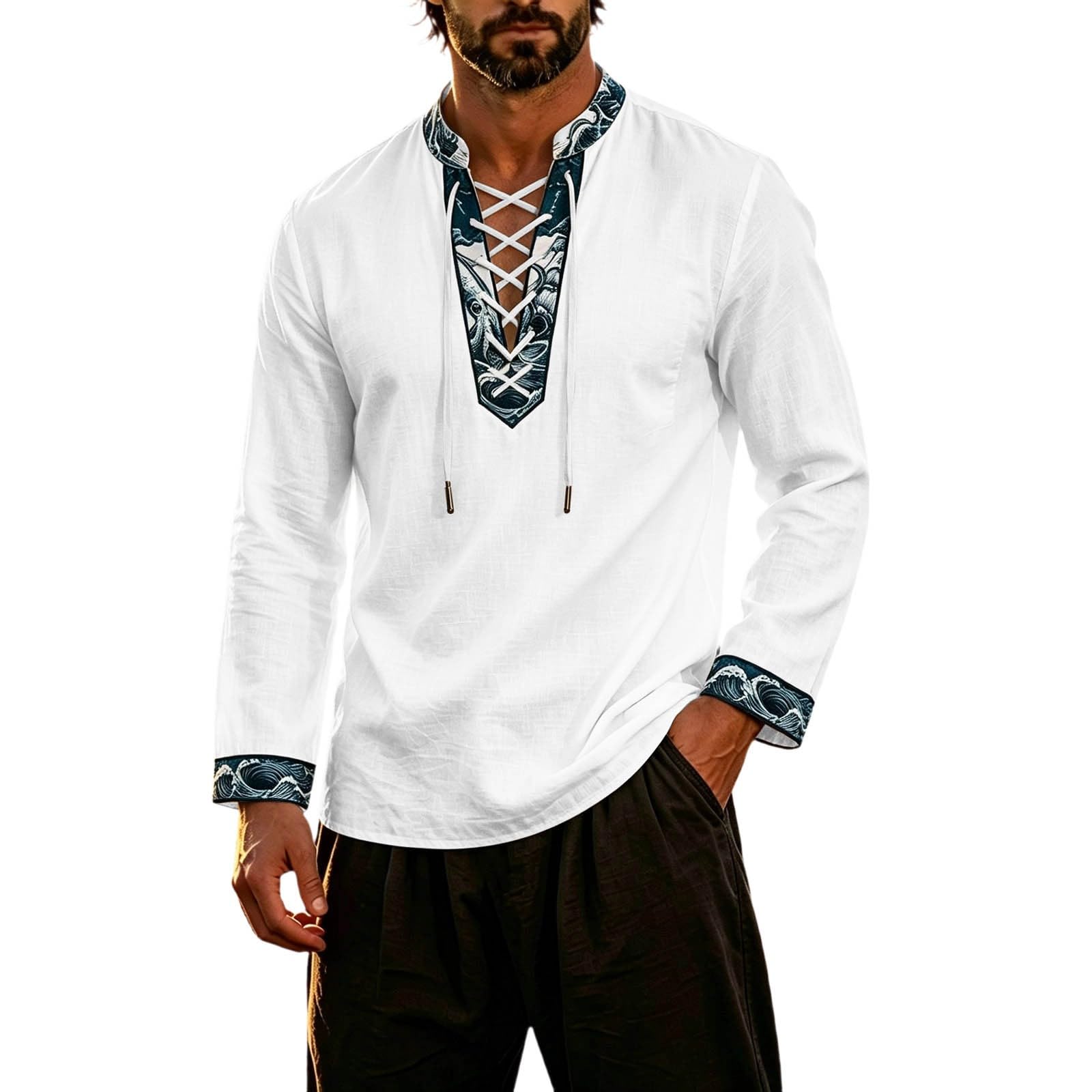 Classic Themed Men's Long Sleeve Shirt for Adventure Nautical Style Top with for Everyday Wear and Cosplay (c-White, L)