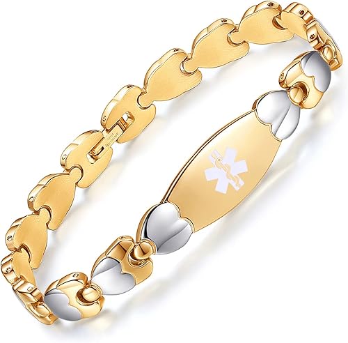 Miniatura 5 de LinnaLove Pulsera de identificación médica de doble corazón para mujeres 7 12 pulgadas de acero inoxidable de moda pulseras de alerta médica