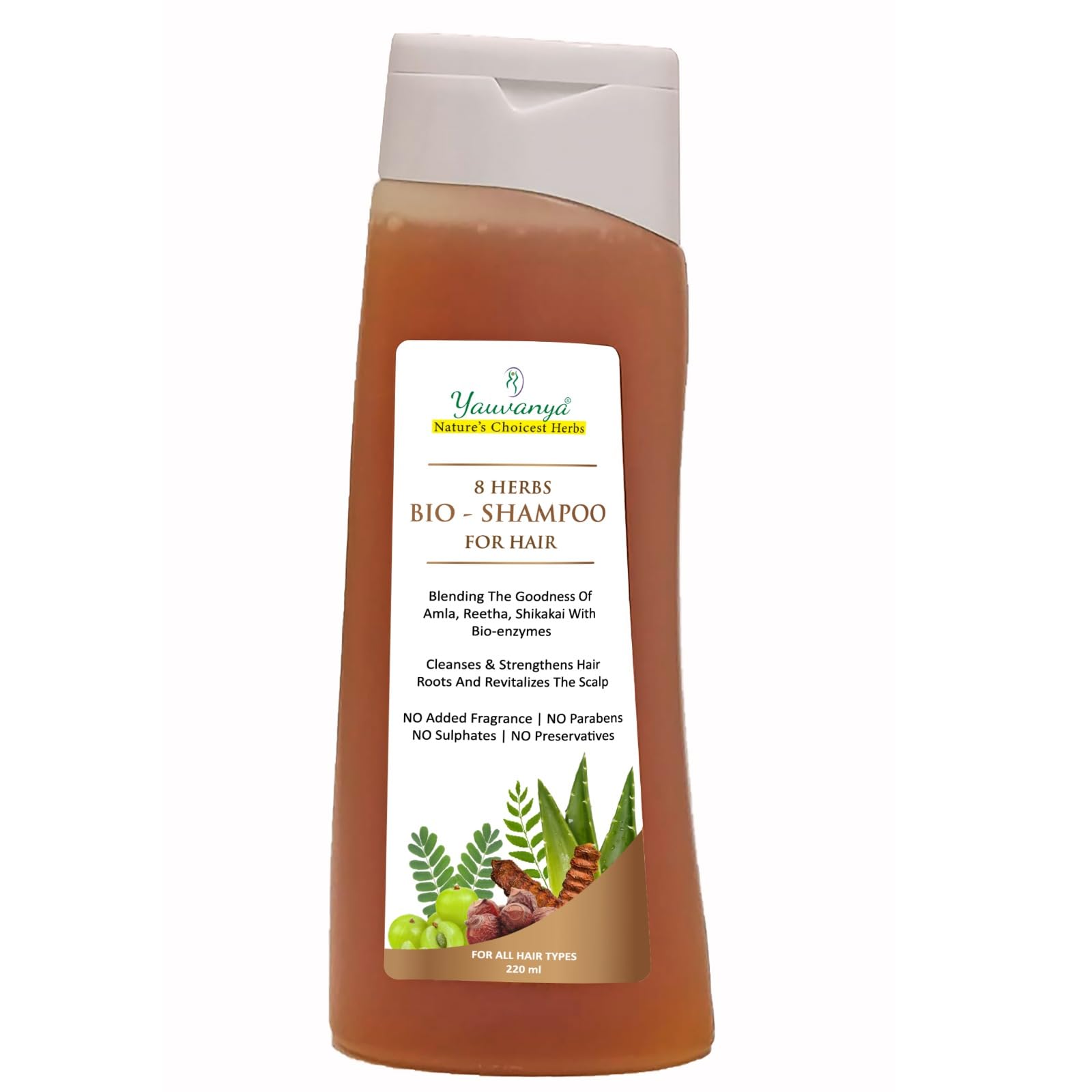 Yauvanya 8 Herbs Bio Shampoo Vegan Sulphate Free Paraben Free Natural Amla Reetha Shikakai Hand-made Bio-enzyme based (Shampoo - 220 ml) (Pack of 1)