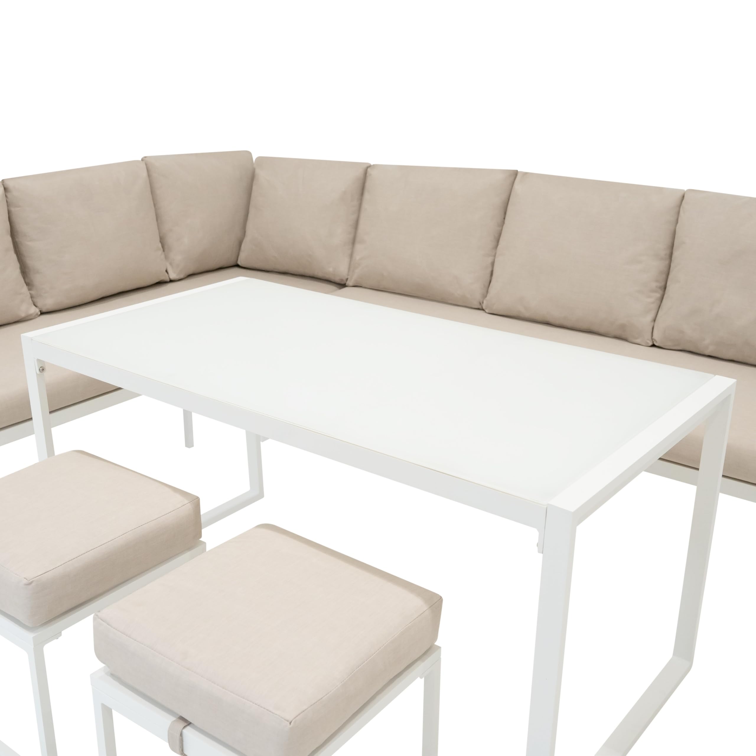 Set Mobili da Giardino in Alluminio 7 Posti Divano Angolare da Esterno con Tavolo da Pranzo in Vetro Temperato e 2 Sgabelli, Cuscini Lavabili, Copertura Impermeabile Inclusa - Bianco