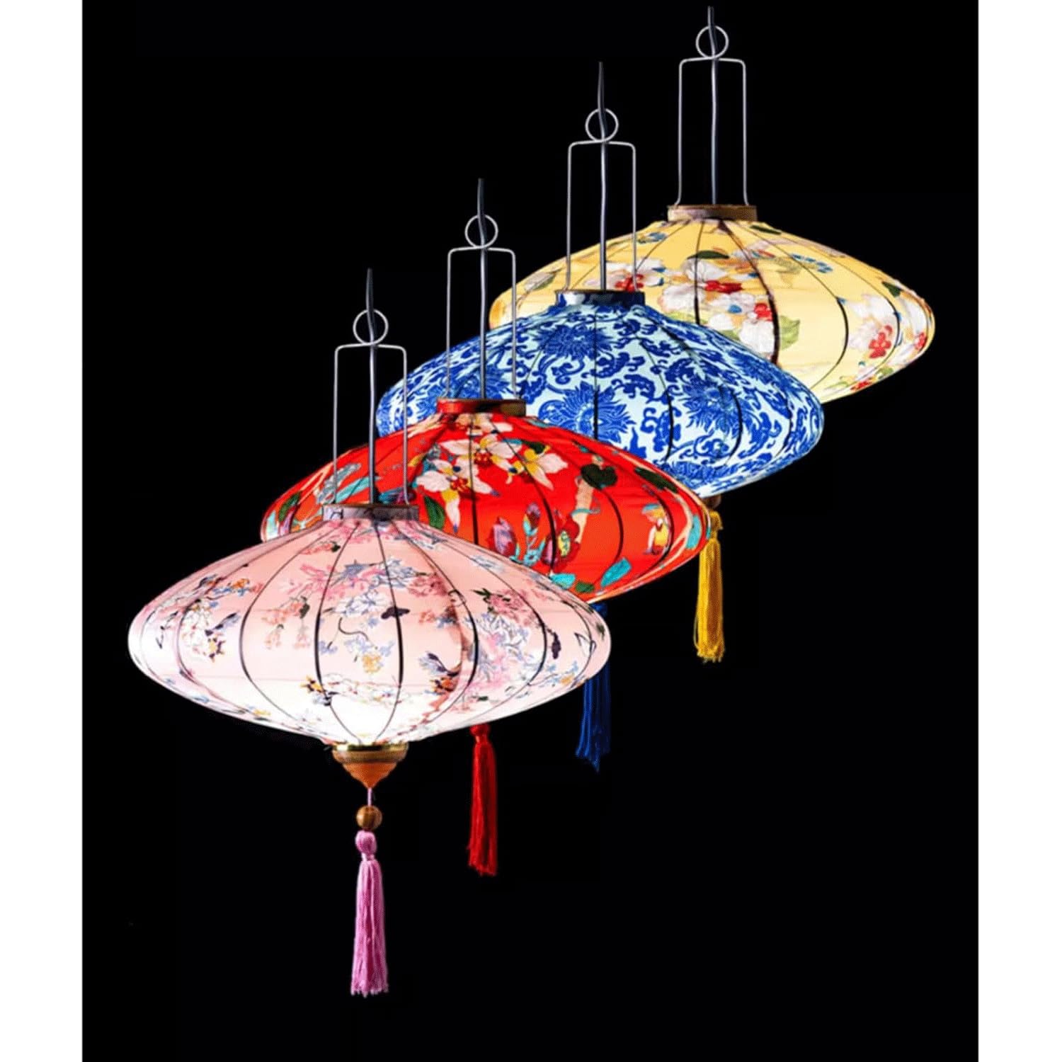 Lanterne cinesi in seta con motivo floreale, lanterna ovale per festival di metà autunno, lanterna cinese per Capodanno, lanterne da appendere, design fai da te (bianco, 40,6 cm)