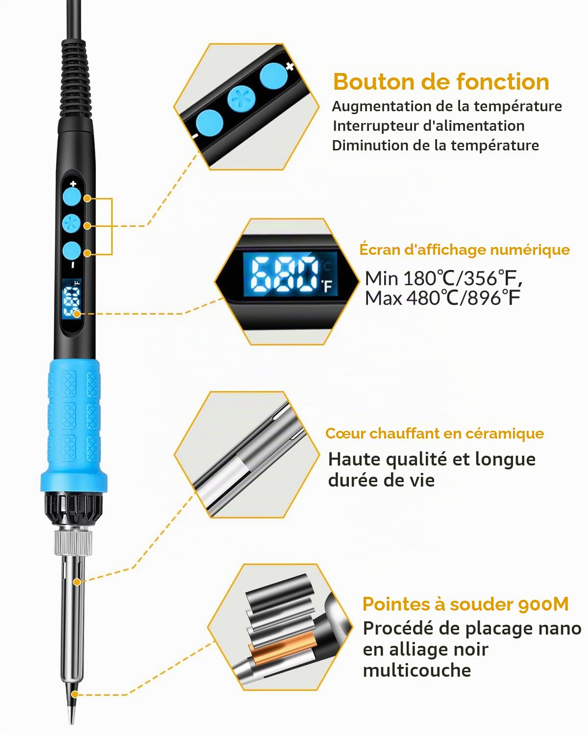 Kit de fer à souder, fer à souder haute puissance 100 W, chauffage rapide, affichage numérique, contrôle précis de la température 180 ℃ à 500 ℃, kit de soudure portable avec capuchon de protection