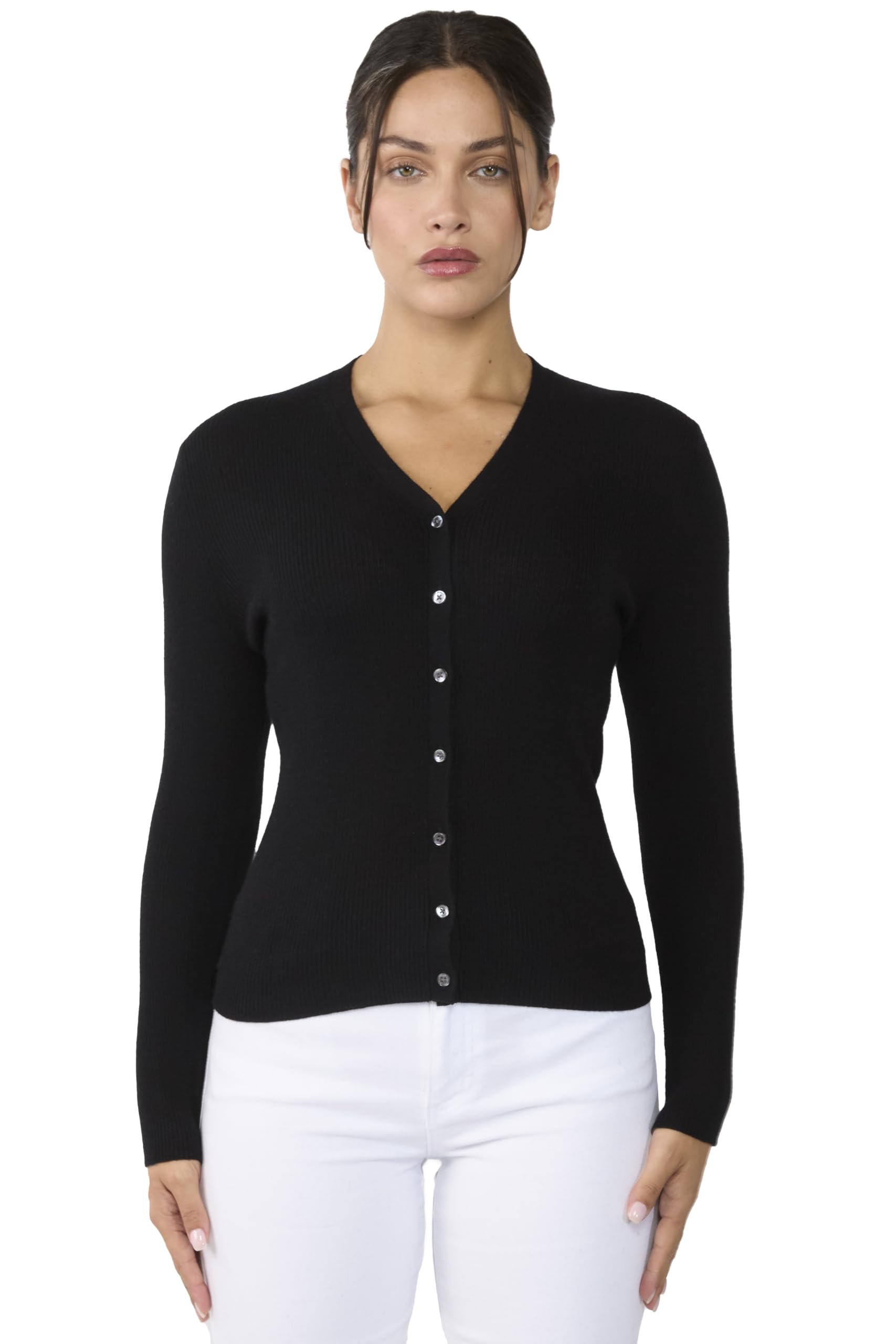 JENNIE LIU Womens 100% Cashmere V-Neck Cardigan Sweater | Ribbed Tissue Weight Cashmere Sweaters for Women