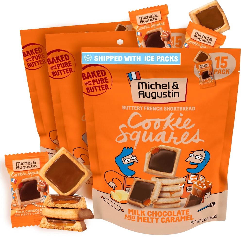 Michel et Augustin Cookies, Individually Wrapped Snacks, 3 Pack, Gourmet Milk Chocolate & Caramel Shortbread, 15 French Butter Cookies per bag