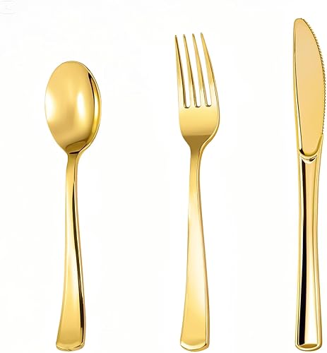 Lullaby 320 cubiertos de plástico dorados, cubiertos desechables dorados que incluyen 120 tenedores, 100 cucharas, 100 cuchillos, cubiertos de