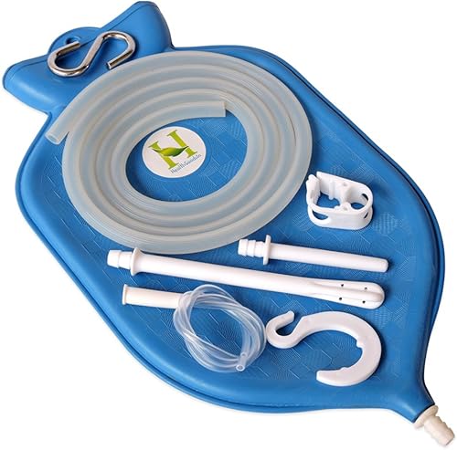 Kit y bolsa para enema en color azul, perfecto para limpieza de colon con manguera de silicona (2 qt, con abertura en la parte superior) de