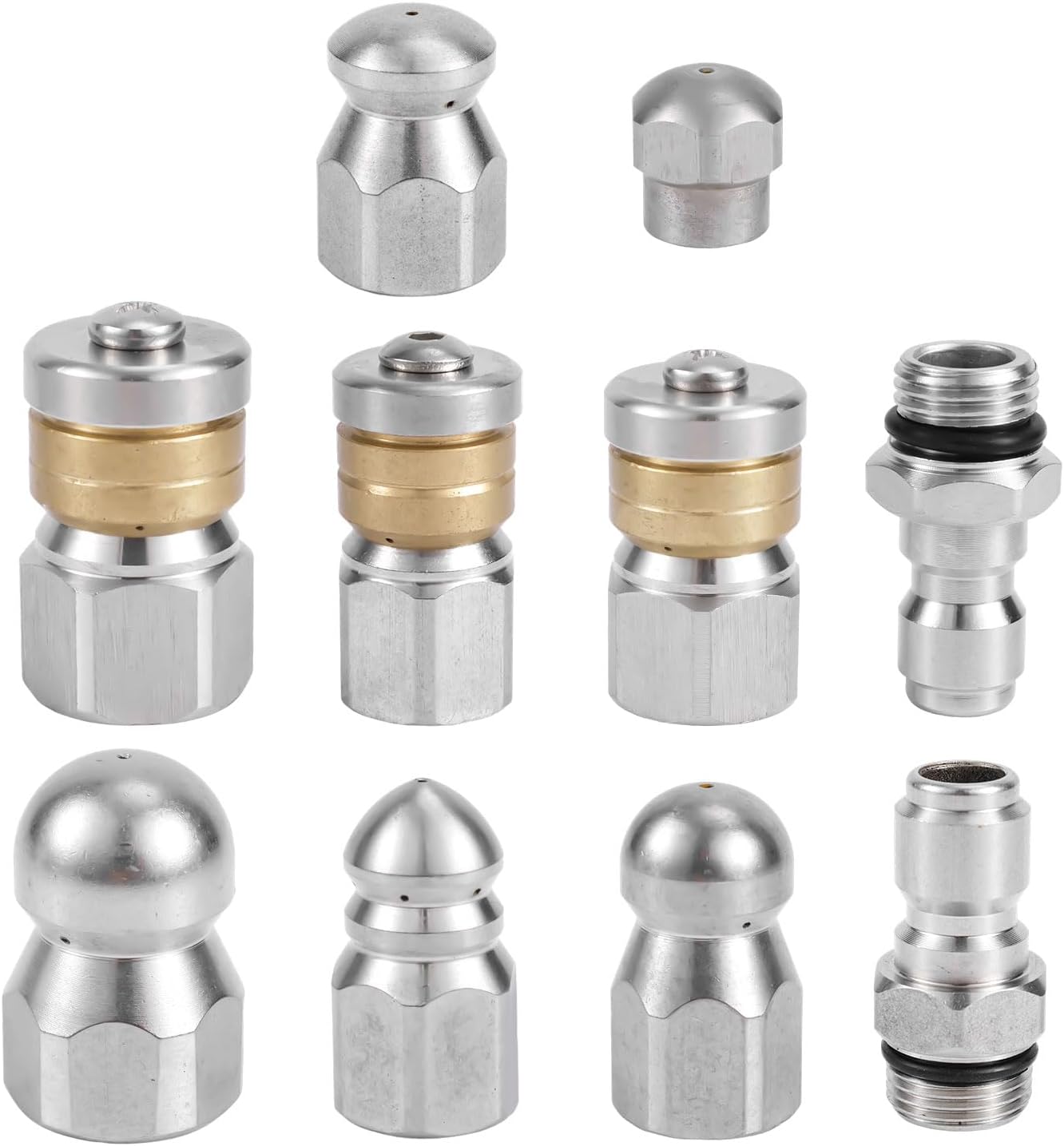 10pcs Sewer Jetter Nozzle Kit - Stainless Steel, 1/4" & 3/8" NPT Quick Connectors, 5000 PSI