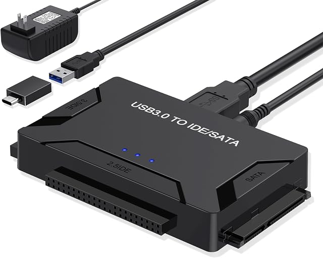 EYOOLD SATA IDE to USB 3.0 Adapter, External Hard Drive Recovery Reader Converter for Universal 2.5" 3.5" HDD/SSD CD/DVD Optical Drives w/12V Power Adapter