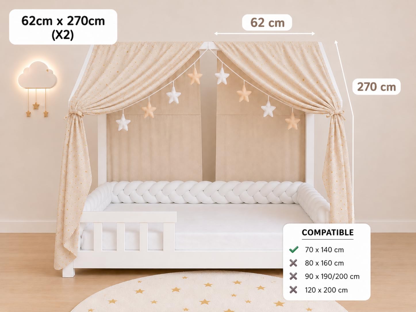 YellowNest Hausbett Himmel (2er Pack) - 100% Baumwolle - Betthimmel Hausbett aus Musselin (2er Pack) - Himmelbett Vorhänge für Bett 70x140 cm (Beige Wimpelkette Stern, 62 x 270 (2er-Set))