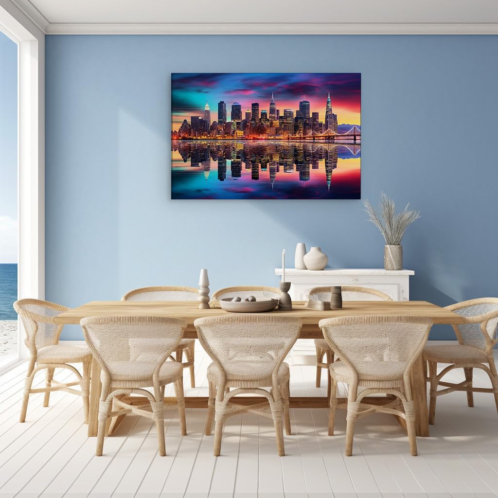 Canvas for Living room. Enchanting Nightscape: New York City's Illuminated Skyline and the Serene Hudson River, 27 x 18 inch Canvas Wall Art - Ready to Hang