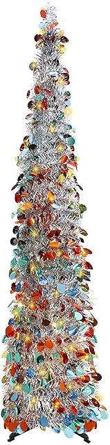 150cm/5ft Collapsible Artificial Christmas Tree, Pop Up Tinsel Xmas Tall Skinny Tree with Stand, Sequin Pensil Tree for Apartment Home Office Store Holiday Decorations