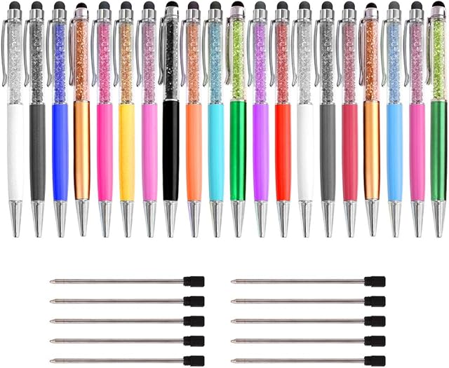 PUDSIRN 20Pcs Crystals Capacitive Touch Screen Stylus, 2-in-1 Rhinestones Retractable Ballpoint Pen with 10Pcs Replacement Refills for iPhone, iPad, Note and School Office Supplies (Black Ink)