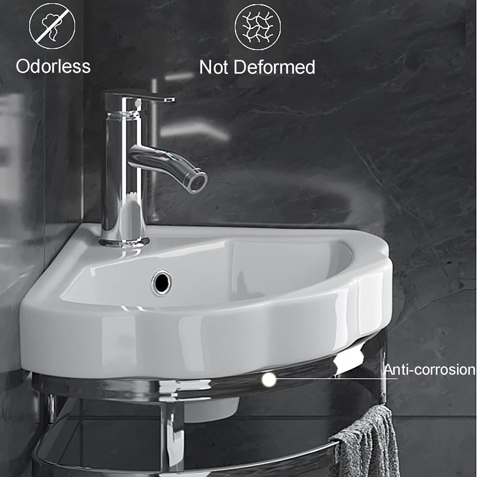 Lavabo in Ceramica ad Angolo Bianco, Lavabo a Parete Bagno con Rubinetto Combinato e Appendiabiti a Torre, Bianca con Troppopieno