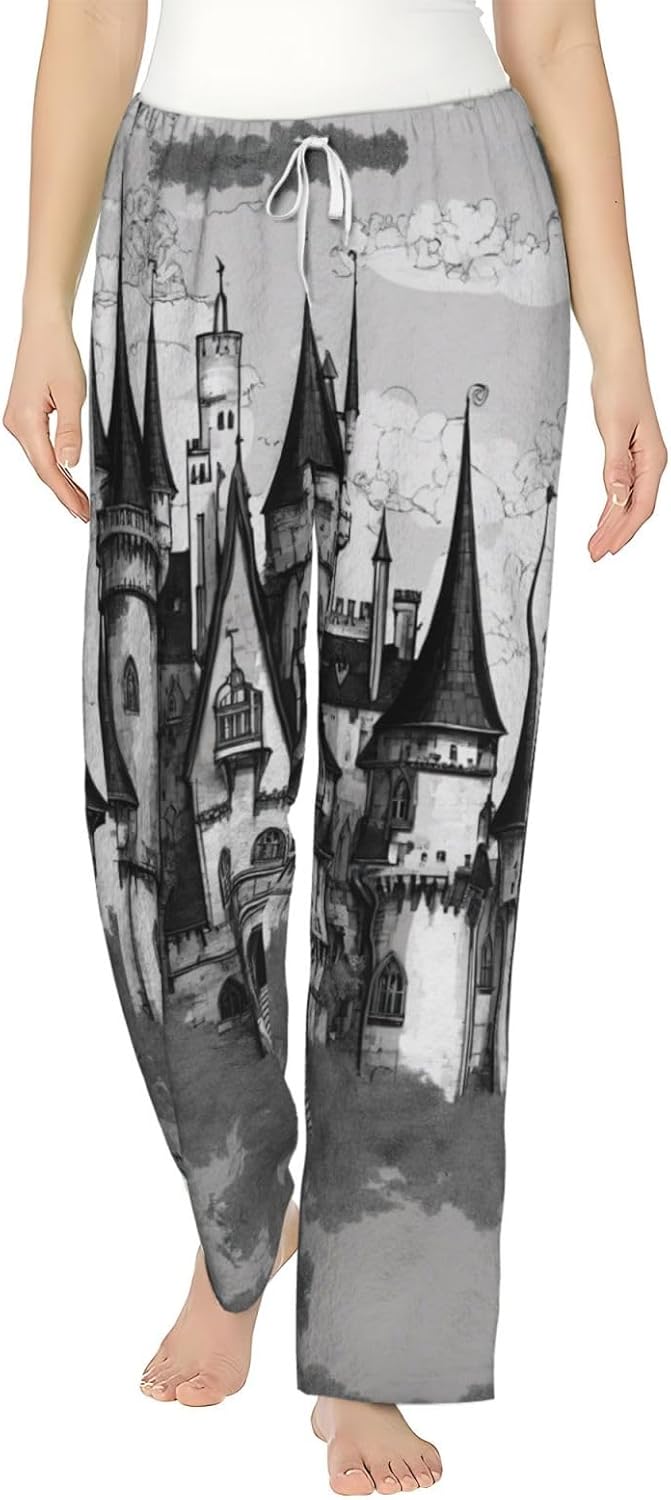 Gothic Fairy Tale Castle Print Fashion Cozy Womens Flannel Pajama Pants,Perfect For Christmas And Everyday Wear