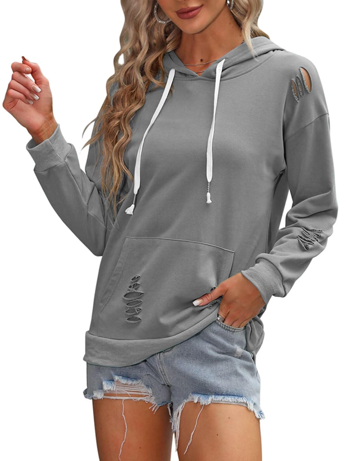 Women's Distressed Hollow Out Hoodie - Drawstring Kangaroo Pocket Sweatshirt | Lightweight & Comfy