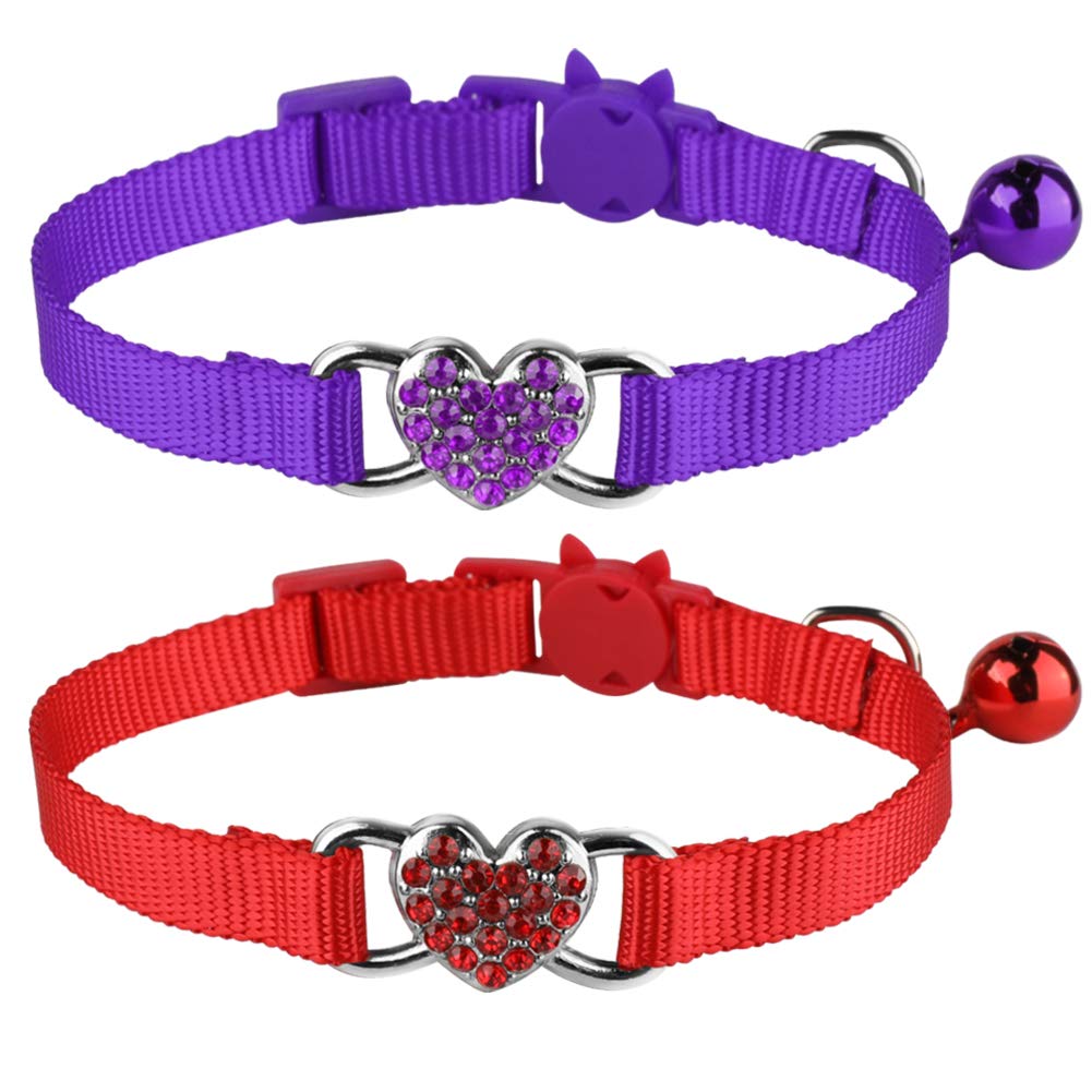 Mtliepte Katzenhalsband, Herz-Design, glitzernd, mit Glöckchen, verstellbar, für Kätzchen, Rot + Violett, 2 Stück