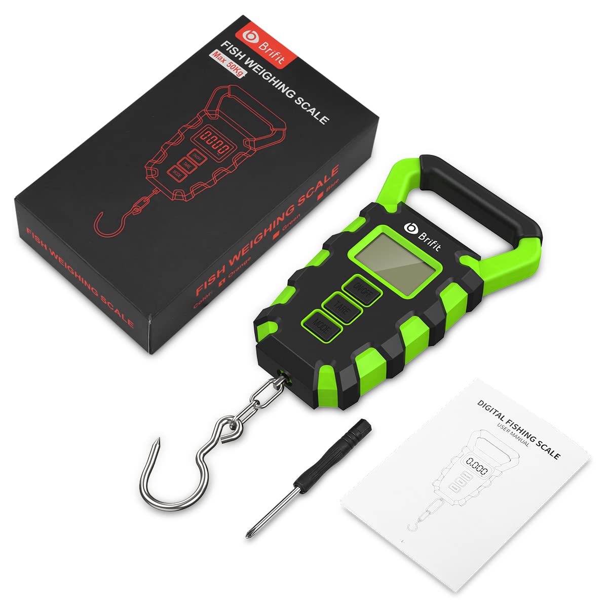 Brifit Pesca Digital, Báscula Electrónica para Equipaje, Báscula de Gancho Colgante Postal de Pesca Máxima de 55 kg con Cinta Métrica, Pantalla LCD Retroiluminada - Verde