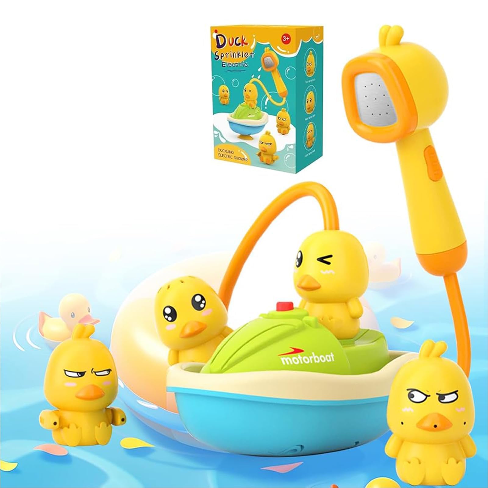 Juguetes Baño Bebe,Bañera Juguetes Bebés con Cabezal de Ducha | 3 Juguetes baño de Pato+Cabezal Ducha Desmontable Patito para Bebés+Bomba de Agua Eléctrica con Barco,Juguetes Bañera Bebés