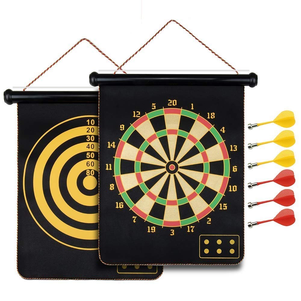 DEE SONS Two Sided Magnetic Bullseye Dartboard Board Game Set, 17-Inch Dart Board, 6 Darts