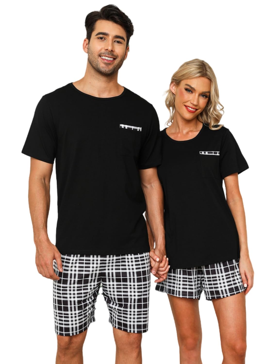 SPKPKEY Mens Pajama Set Cotton Couples Pajamas Short Sleeve Sleepwear 2 Piece Pjs Sets Soft Loungewear Nightwear Black M