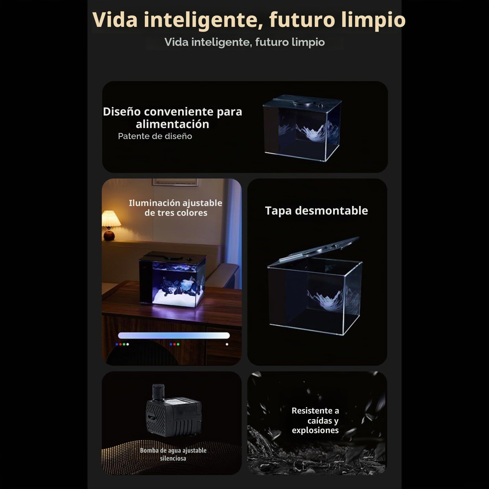 Acuario de mesa para el hogar con filtro lateral, filtración que mejora el oxígeno, bomba de flujo de 160 l/h, brillo ajustable de 10 niveles e iluminación LED (S)
