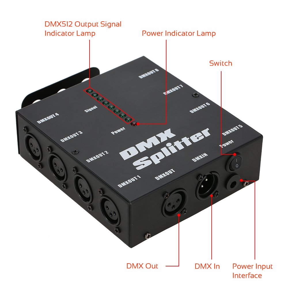 Lixada DMX512 óptico Splitter Actúa como DMX512 Distribución para iluminación de escenarios, 8 Canales Salidas Independientes, Aviones tamaño: 12.8 * 4.3 * 17.2 cm.'