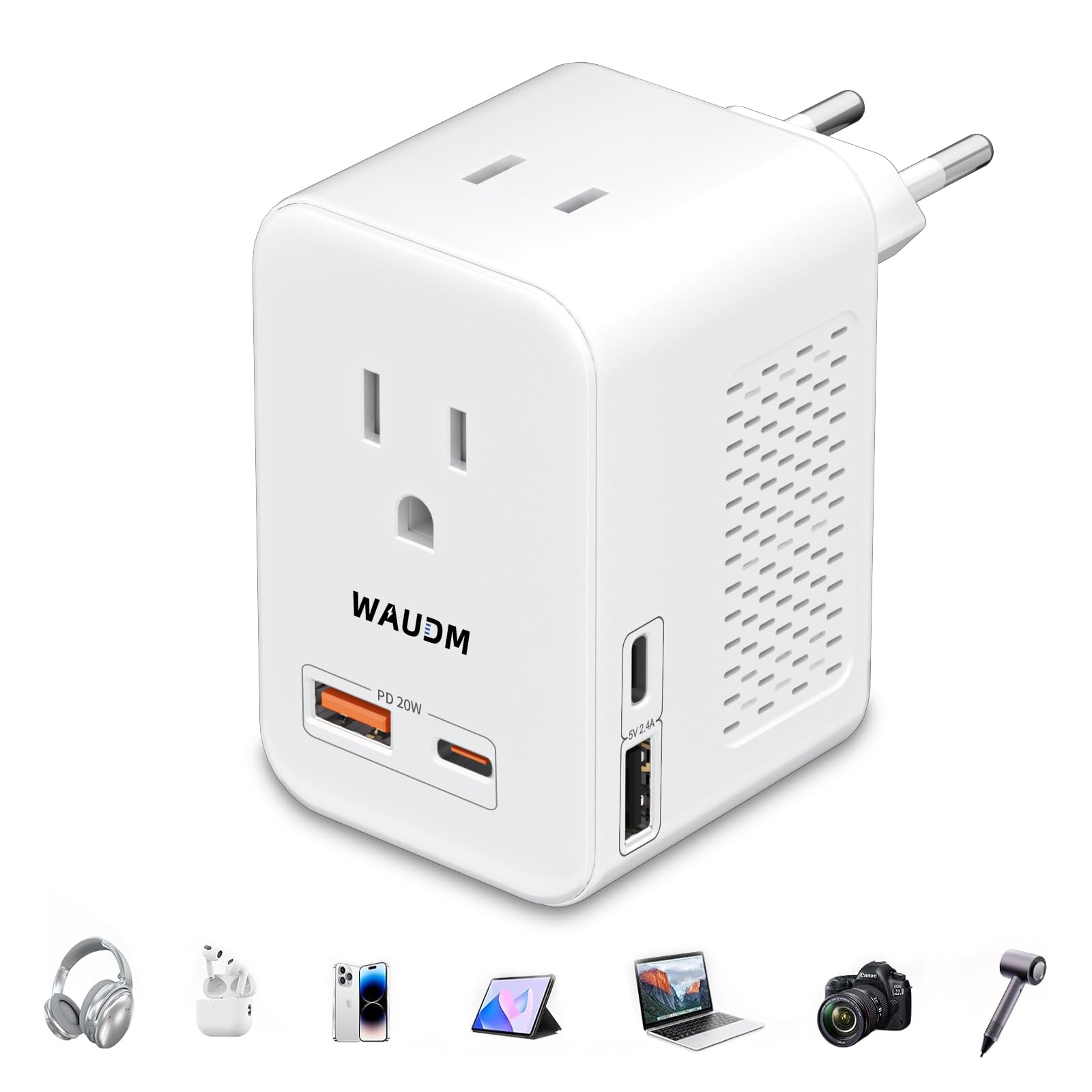 Convertidor de voltaje de 220 V a 110 V, 20 W PD, reduce 220 V a 120 V, convertidor de viaje de Estados Unidos a Europa para más de 80 países, incluyendo la mayoría de países europeos, Francia