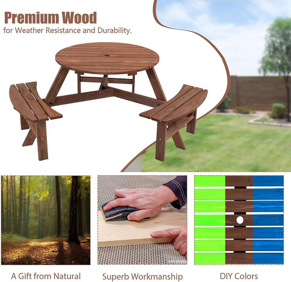 Kids Outdoor Wooden Picnic Table, 6-Person Round Table with 3 Built-in Benches, 35" Dia Patio Dining Table with Umbrella Hole, 1500 lbs Capacity, Camping BBQ Table for Backyard & Garden