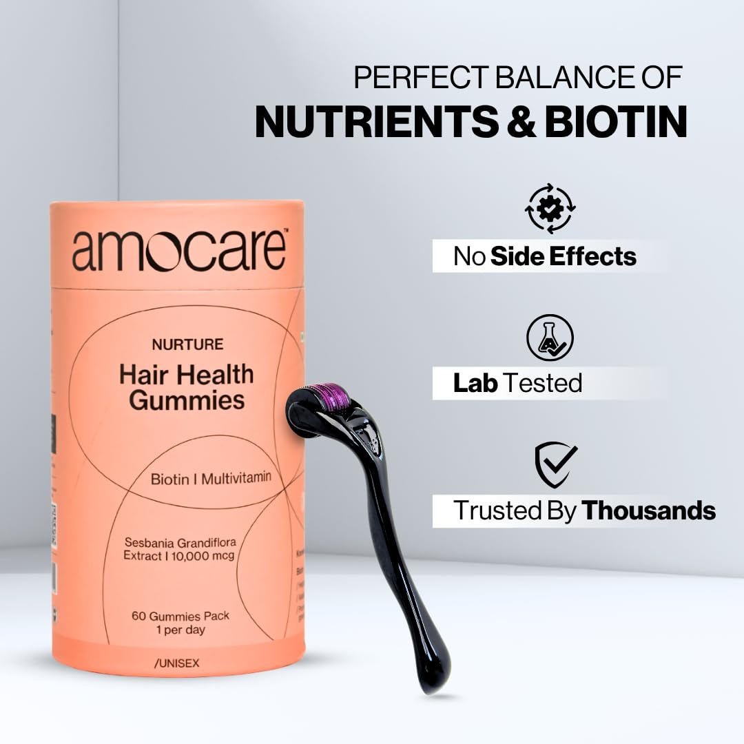 Amocare Biotin Gummies & 0.5mm Derma Roller Combo for Hair Growth & Skin Care | 10000 mcg Biotin Gummies with 540 Titanium Microneedle Roller for Men & Women 1