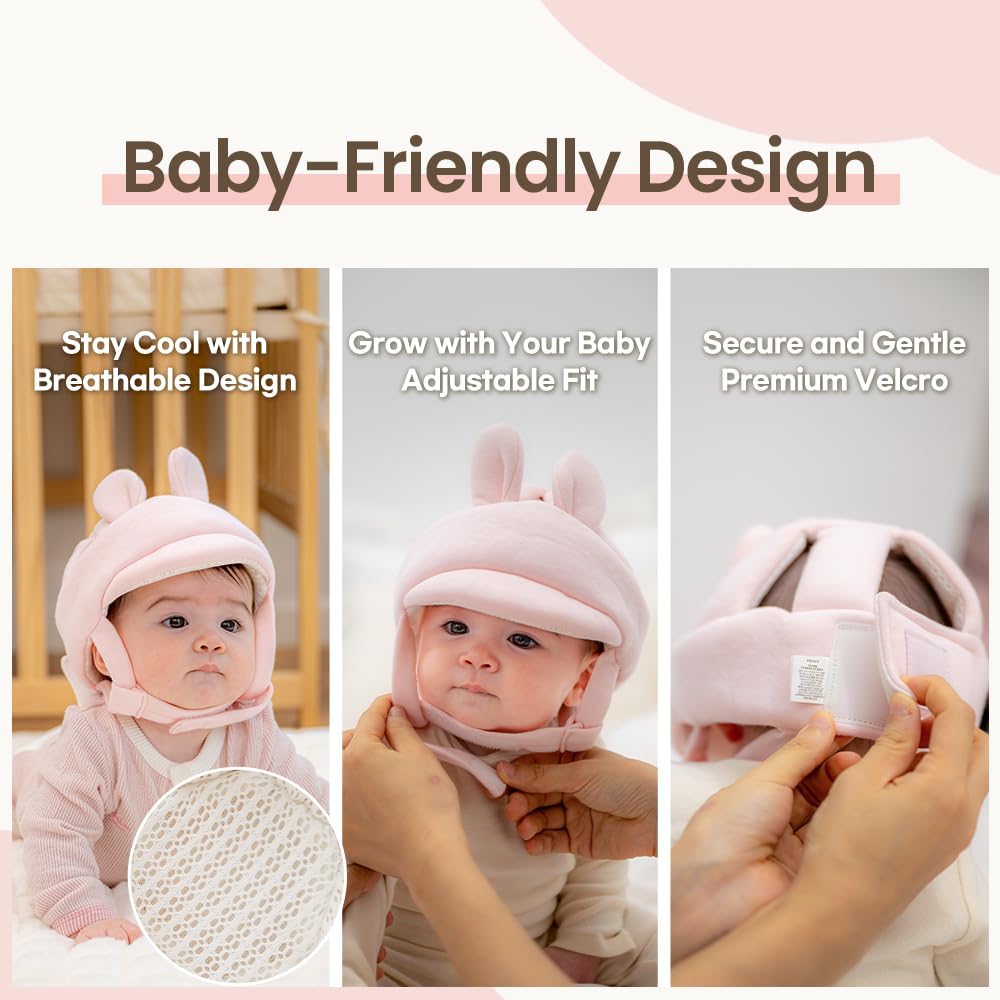 Protector de cabeza de bebé orgánico, casco de bebé de algodón certificado GOTS, conejo, ajustable y ultraligero, protector de cabeza para bebés que gatean y caminan, niños pequeños, bebé niña rosa