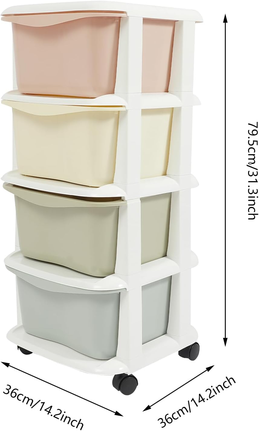 4 Drawers Plastic Storage Cart,4 Tier Storage Unit,Storage Tower on Wheels for Bedroom Living Room,Multi-color