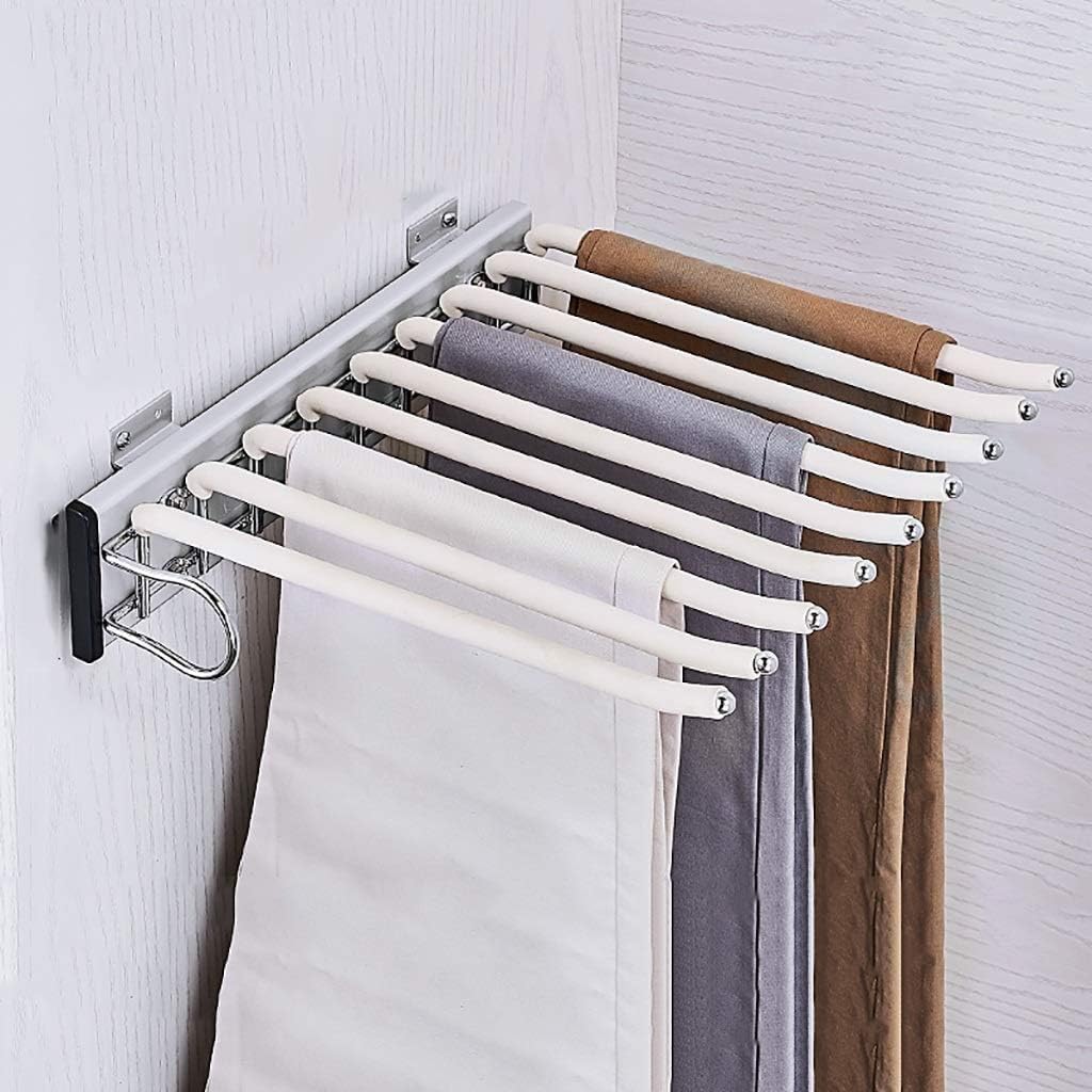Trousers Rack,Extendable Tie Holder Hanger Rail,9 Pairs Pants Hangers for Wardrobe,White Right