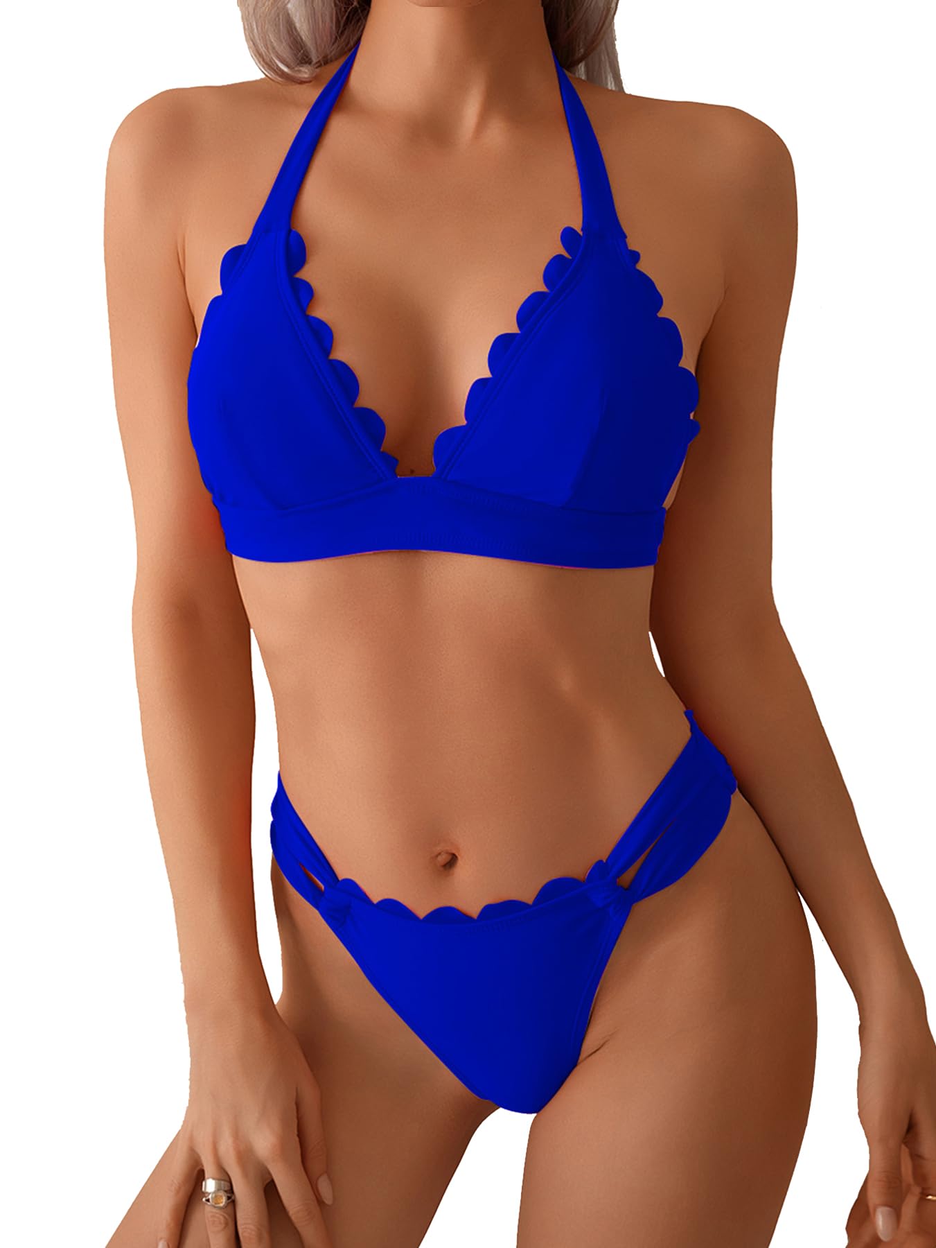 WODECASA Women's Scallop Trim Halter Triangle Bikini Set V Neck Tie Back High Cut Two Piece Swimsuit Bathing Suit
