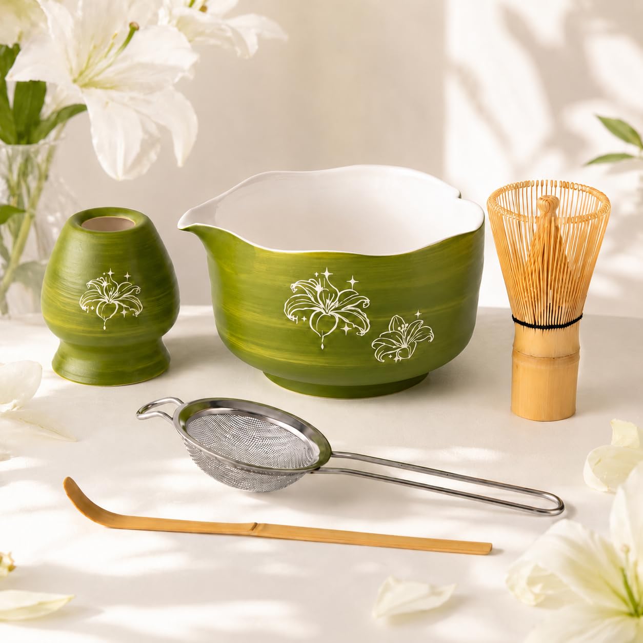 Buucup Matcha Set, Avocado Green Ceramic Bowl Kit with Spout