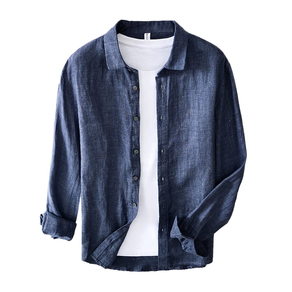 Camisa de Lino 100% de Manga Larga para Hombre Camisa Color Sólido Holgada de Verano Camisas Casual con Botones y Cuello Solapa Camisa Transpirable Vintage para la Playa