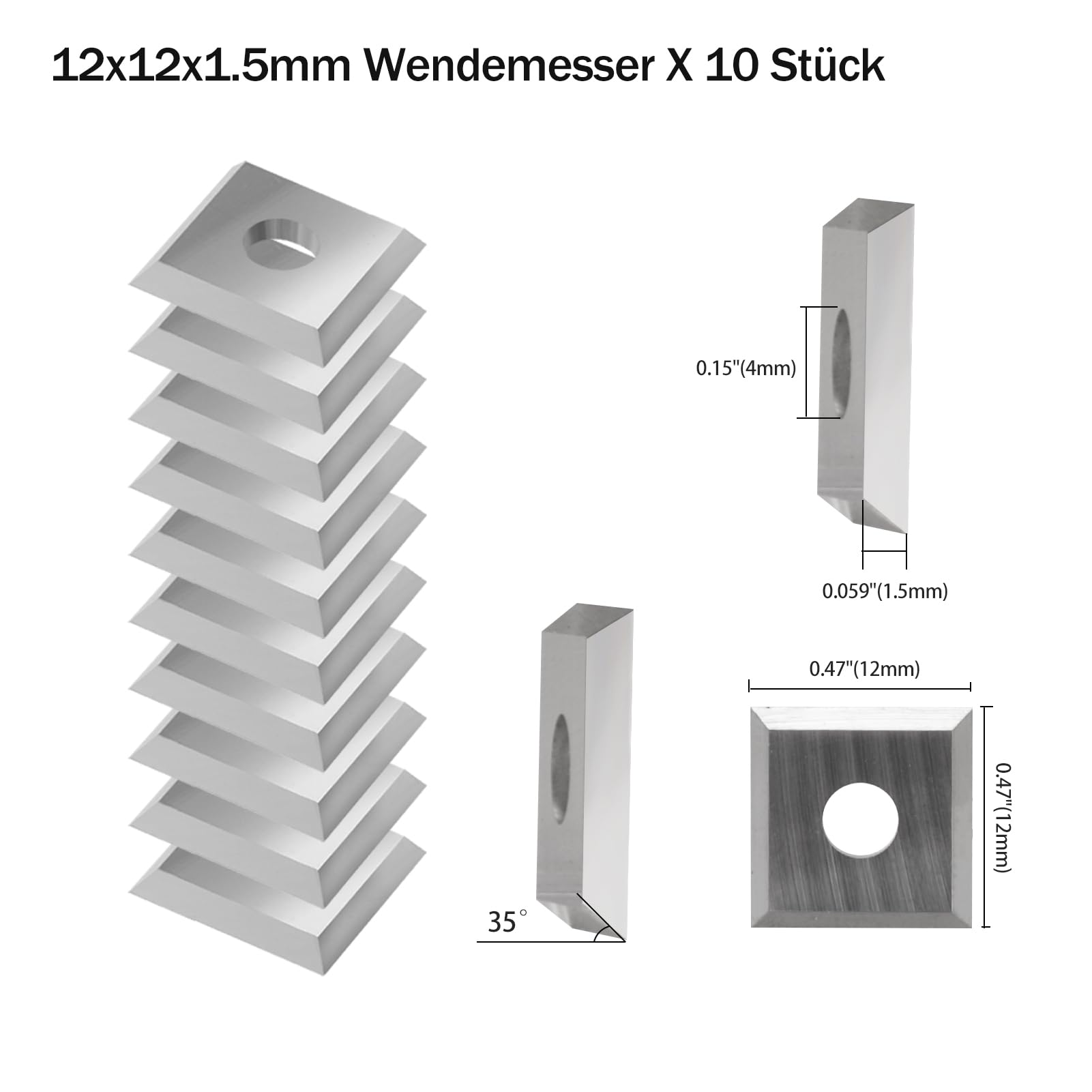 Cuchillas reversibles de 10 cuchillas de repuesto (12 x 12 x 1,5 mm, 35 °), insertos de metal duro cuadrado afilado, metal duro intercambiable (HW) para fresas planadoras para madera