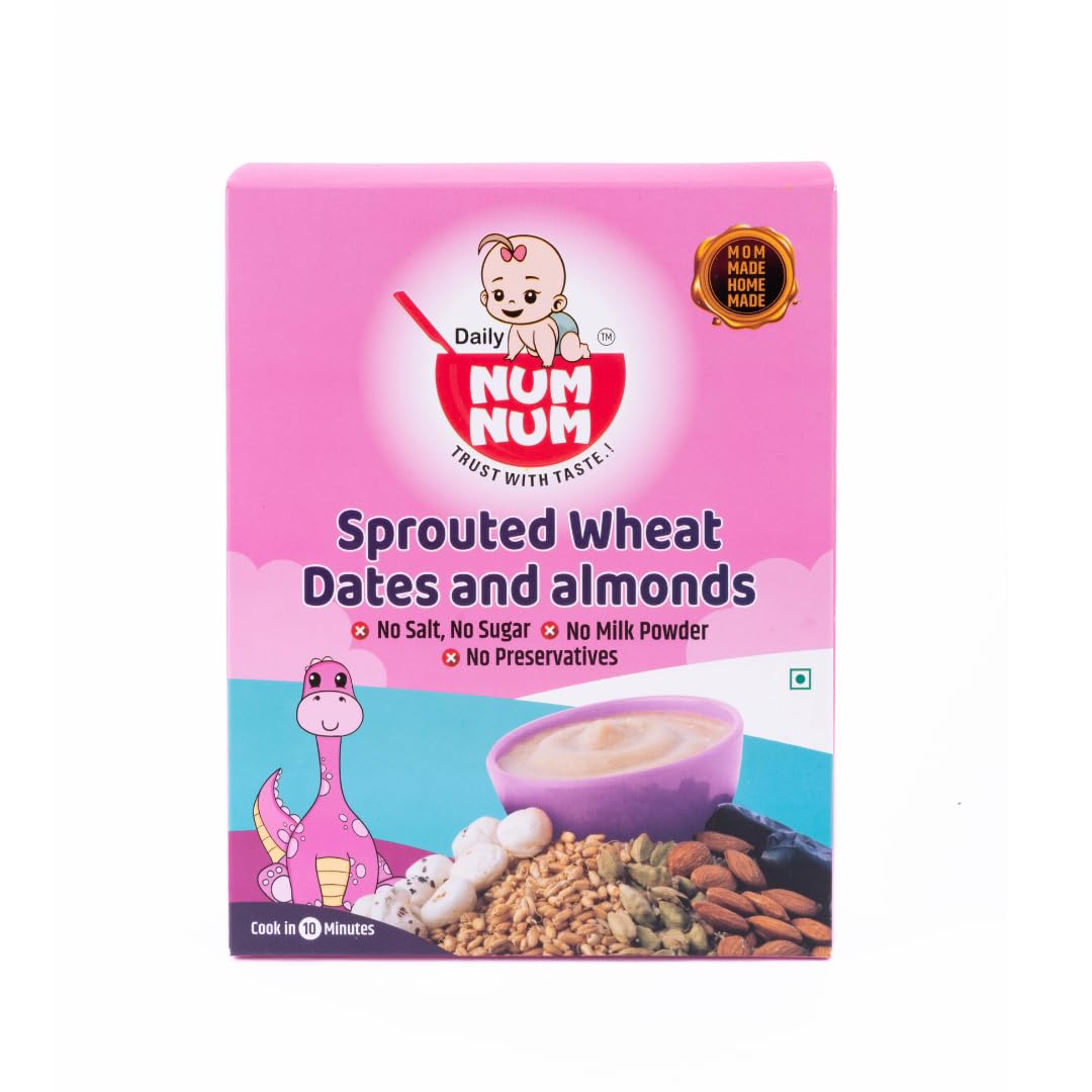 Daily NUM NUM - Organic Sprouted Wheat Dates Almonds | No Salt, No Sugar Cereals | Sprouted Healthy Tasty Vegan Baby food cereal | No Milk Powder | 200g pack
