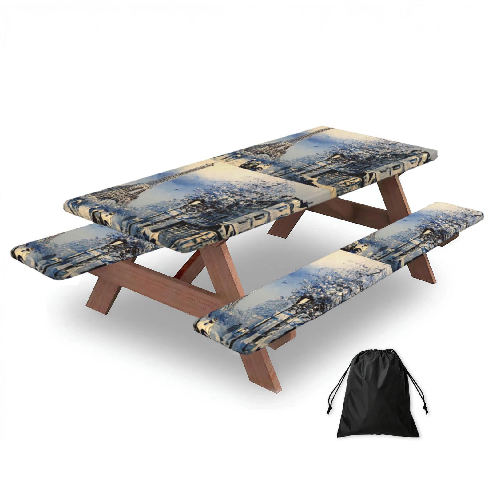 Yqxwjl Black Romantic Paris Eiffel Tower Print Camping Essentials Waterproof Camping Table And Bench Cover With Drawstring Bag 183 Cm