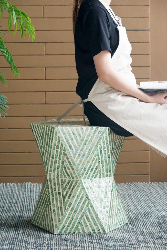 A&B Home Green Accent Stool - Geometric Shape, Small Coffee Table with Capiz Inlays, Modern Boho Decor Accent Stool, Bathroom Vanity Seat, Dining Chair, Garden Stool, Accent Furniture,19" x 20"