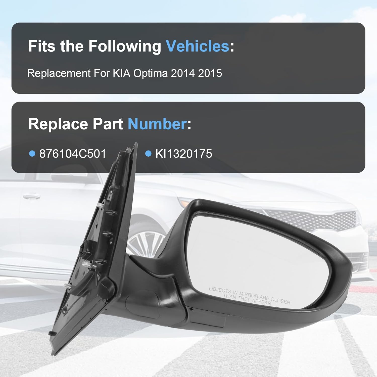Door Mirror Right Passenger Side Replacement For Kia Optima 2014 2015, Replace 876204C501, Black 6PINS
