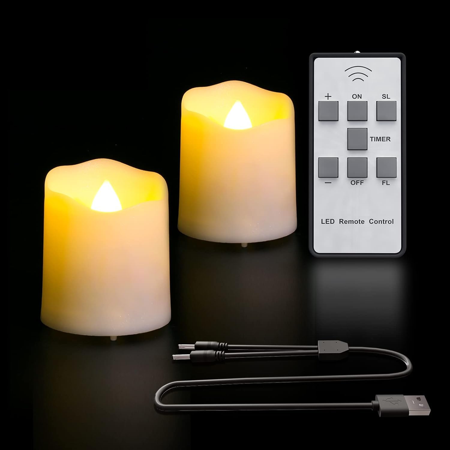 PChero Rechargeable LED Candles, Pack of 2 Flameless Flickering Candles with Timer, Remote Control, USB Charging Cable for Halloween, Christmas, Wedding, Birthday, Party, Home Decoration