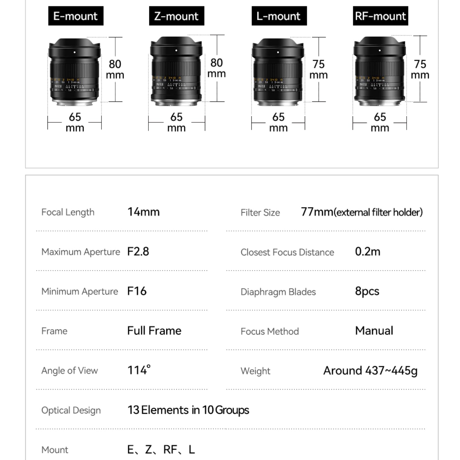 TTArtisan 14 mm F2.8 szerokokątny obiektyw szerokokątny z MF ASPH pole widzenia 114°, zewnętrzny uchwyt filtra 77 mm, do kamer z mocowaniem E (A7 A7R A7R A7S, seria A9, A6000, NEX
