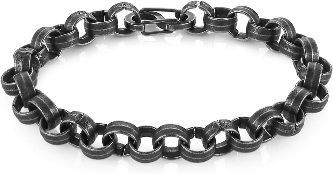 HZMAN 8.5In Circular Link Bracelet for Men, 8mm Width, Retro Stainless Steel Wrist Bracelets
