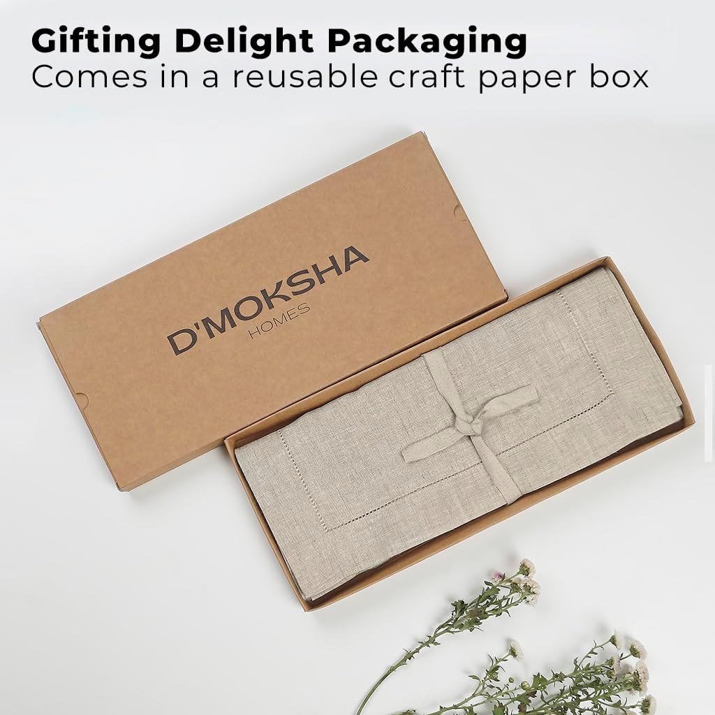 Signature Linen™ by D'Moksha Natural Table Runner 120 Inches Long, 100% Pure Linen, Hemstitch, 14 x 120 Inch Table Runner for Dresser, Dining- Mothers Day, Spring, Summer