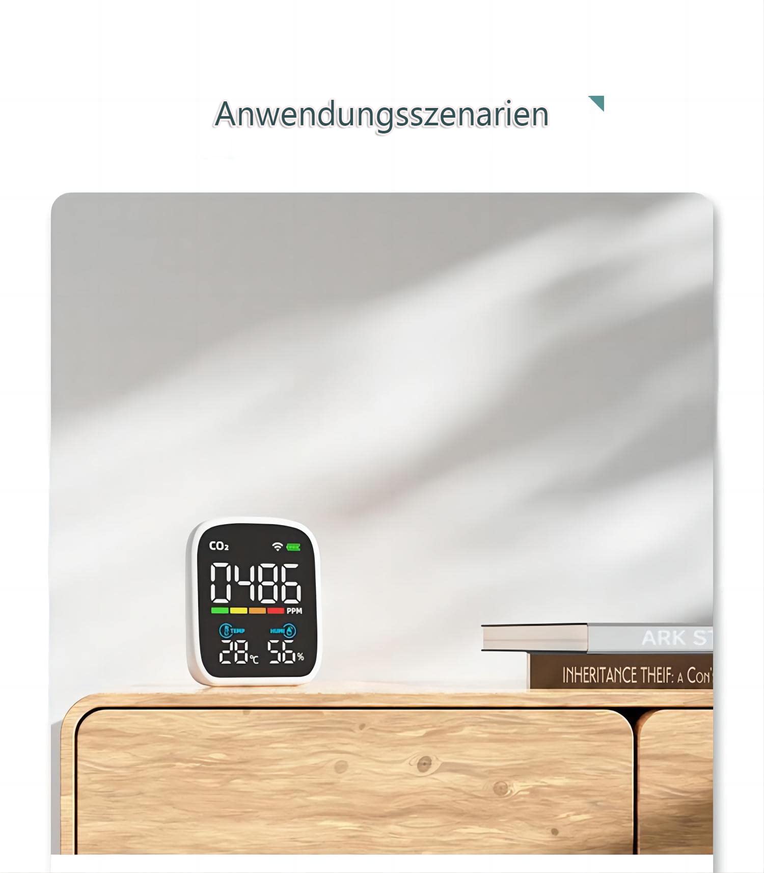 Air Monitor Indoor CO2 Messgerät, NDIR Luftqualität Raumluft Monitor, WiFi Stromsparen CO2 Melder mit tragbare Alarm, CO2 Thermometer mit Digitalen, Temperatur Luftfeuchtigkeit